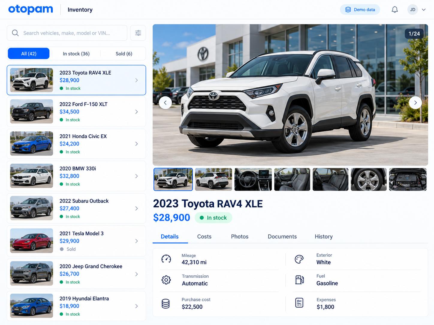 Inventory list with filters, availability and website status