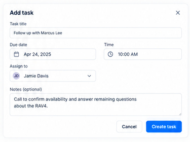 Add task form with title, due date, time and assignee