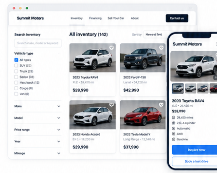 Inventory search grid and mobile vehicle detail with inquire and test-drive actions