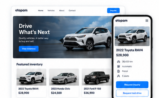 Dealership website showroom on desktop with mobile vehicle detail and inquiry actions