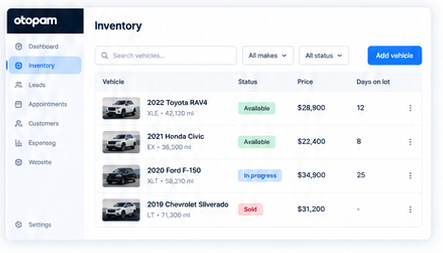 Inventory list with vehicle status, price and days on lot