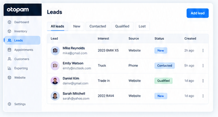 Leads list with customer interest, source and stage