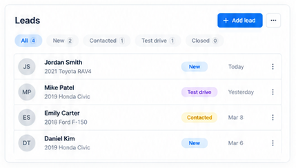 Buyer leads list with vehicle interest and stage