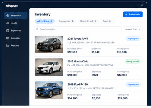 Vehicle portfolio list with status, purchase cost, expenses and asking price