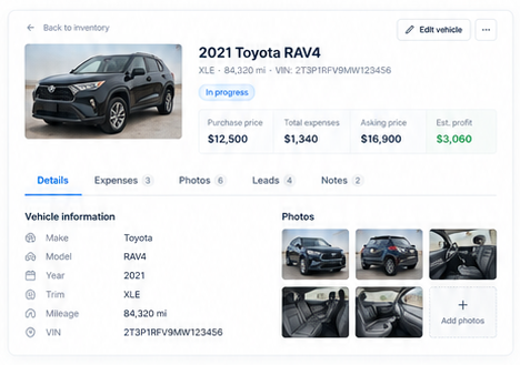 Vehicle detail showing purchase cost, reconditioning expenses and asking price