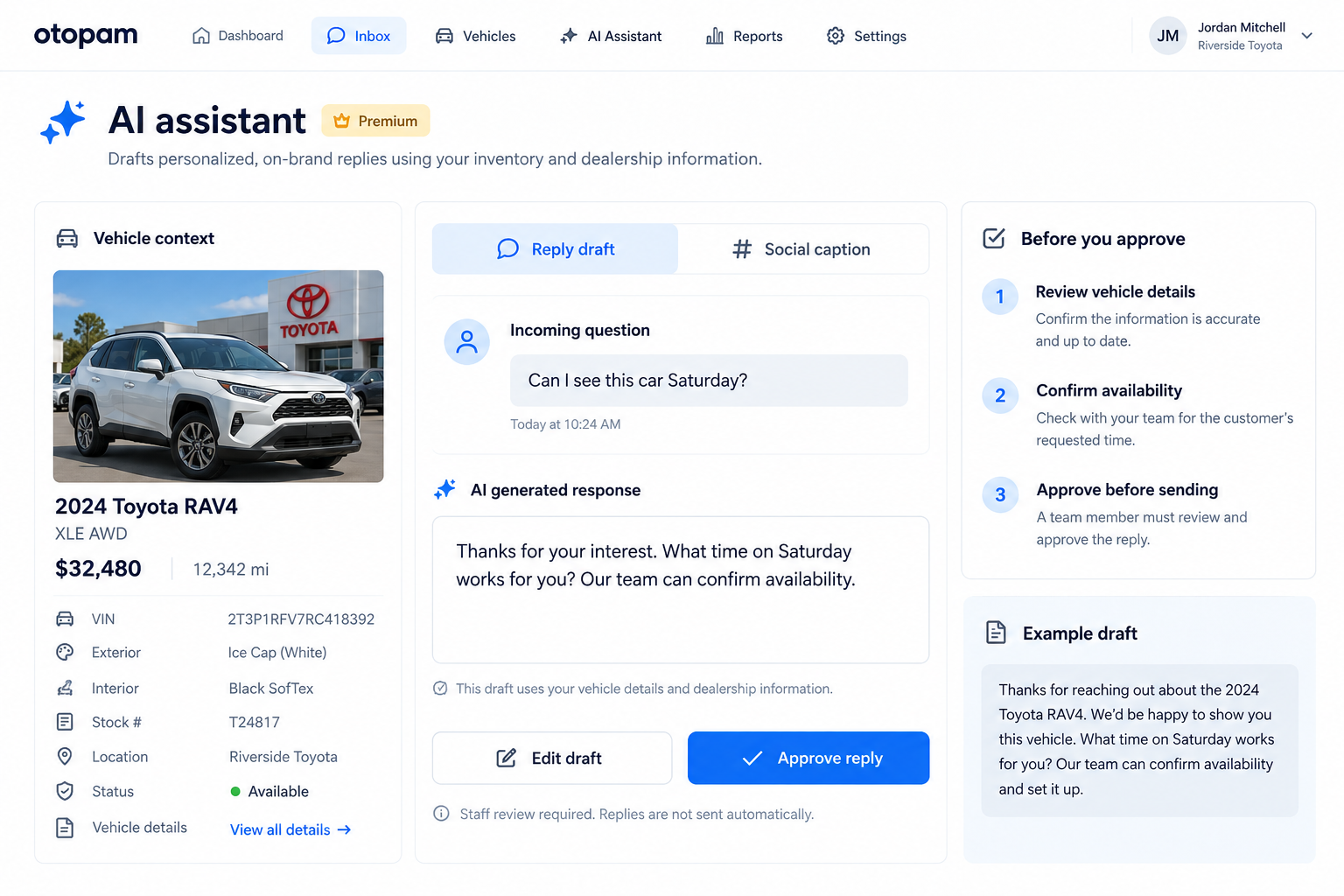 AI draft assistant showing a reply draft for staff review before sending