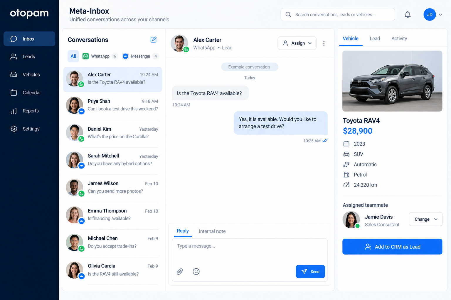 Unified inbox showing WhatsApp and Messenger conversations with a template prompt