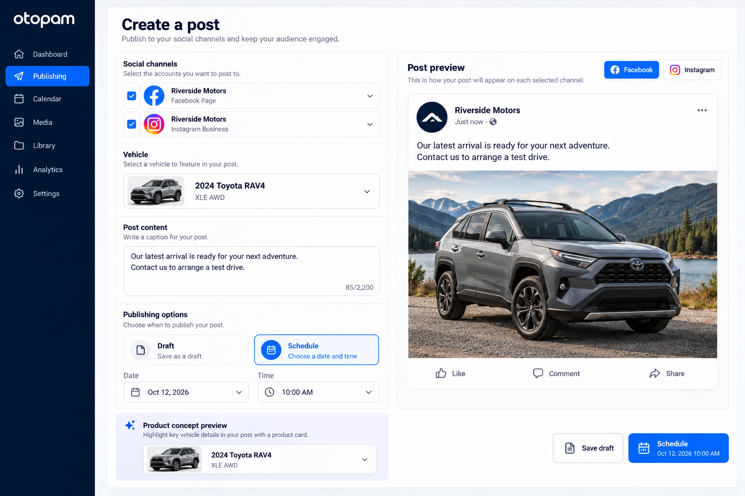 Create post flow for Facebook Page and Instagram with vehicle photography preview